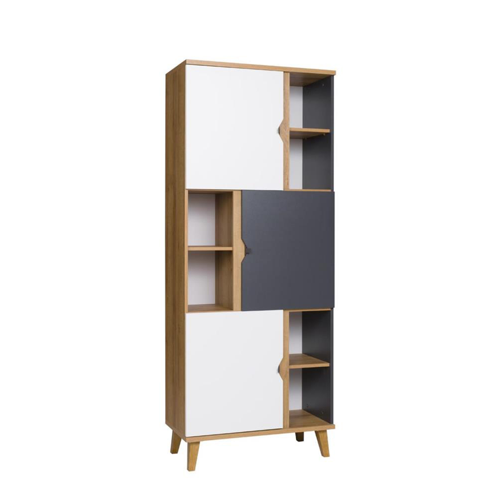 Regał 80 cm trzydrzwiowy z półkami Modesto M02 dąb złoty/biały mat/grafit