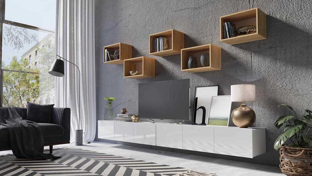 Meblościanka Chicago 32 zestaw mebli salonowych biały/biały połysk + dąb złoty